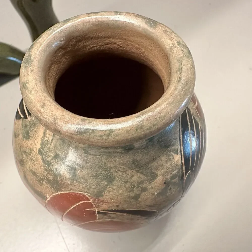 Vintage Costa Rica Art Pottery Vase Bird Flower Cut Away Design Hand-painted 4